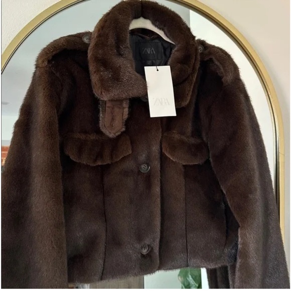 NWT Zara Cropped Faux Fur Jacket in Dark Brown - Picture 10 of 11